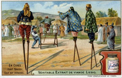 Coree: kvinnlig sport att hoppa på styltor - chromo Liébig, v.1900 av French School