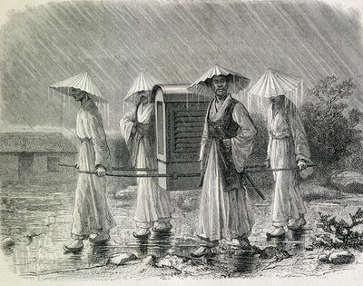 Coreens klär sig i en palankin (coreens regndräkt) som bär en stol. Illustration hämtad från "An expedition in Korea" av H. Zuber, f.d. sjöofficer (1866) - i "Tour du Monde". av French School