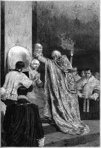 Kröning av påven Leo XIII (Leone) (1810-1903) i Sixtinska kapellet av French School