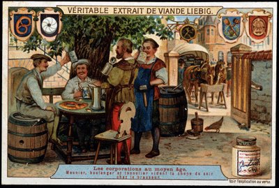 Företag under medeltiden (medeltiden): mjölnare, bagare och tunnköpare som tömmer kvällsmuggen hos bryggaren. Sent 1800-tal liebig kromolitografi. av French School