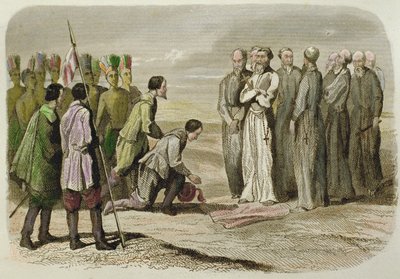 Cortes vid foten av Martin de Valencia (handfärgad gravyr) av French School