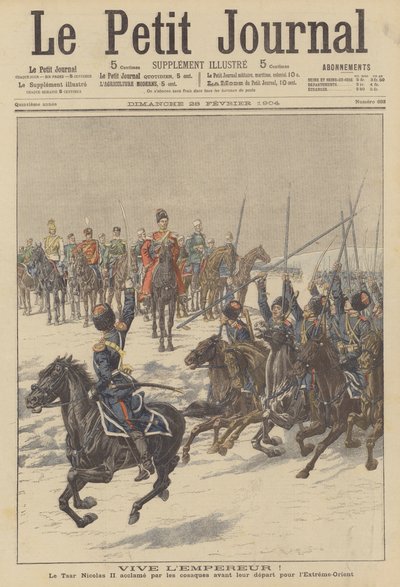 Kosacker hyllar tsar Nikolaj II före avresan till Fjärran Östern för att strida mot japanerna (färglitografi) av French School