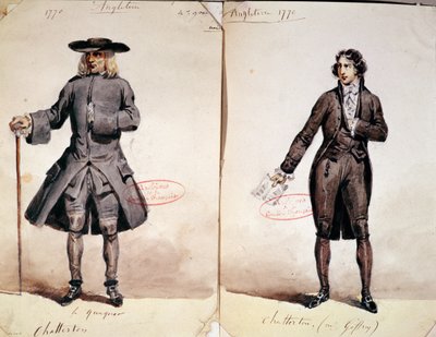Kostymdesign för den första produktionen av Chatterton av Alfred de Vigny (1791-1863): kväkaren och Geffroy som Chatterton, 1835 (wc på papper) av French School