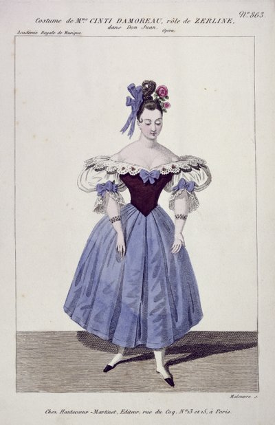 Kostym för Madame Cinti Damoreau i rollen som Zerlina i Don Giovanni, graverad av Maleuvre, tryckt av Hautecoeur-Martinet av French School