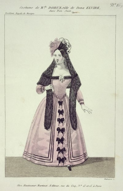 Kostym för Mademoiselle Dorus i rollen som Donna Elvira i Don Giovanni, graverad av Maleuvre, tryckt av Hautecoeur-Martinet av French School