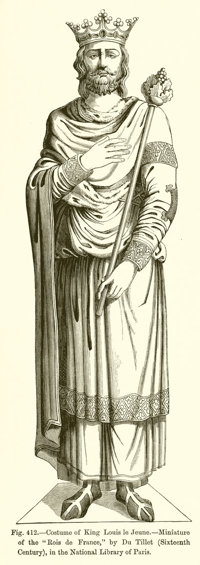 Dräkt av kung Louis le Jeune,-Miniatyr av Rois de France, av Du Tillet, sextonde århundradet, i Nationalbiblioteket i Paris av French School