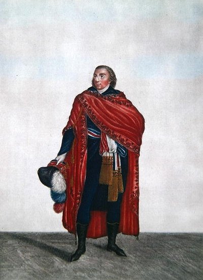 Dräkt för en representant för folket under Directoire-perioden, ca 1797 (färgad gravyr) av French School
