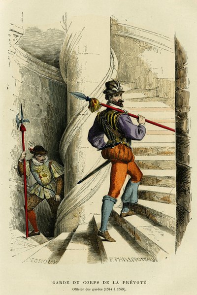 Dräkt av livvakten av prevote, följt av en officer av vakterna (1574 a 1589). Färggravyr, i "France et les francais a travers les siecles"" av Augustin Challamel, F.Roy redaktör, Paris 1882. Selva Collection. av French School