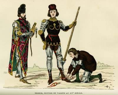 Dräkter av prins, av hans ecus och hans betjänt, på 1400-talet. Färggravyr, i "France et les francais a travers les centuries"" av Augustin Challamel, F.Roy redaktör, Paris 1882. Selva Collection. av French School
