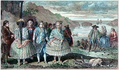 Kostymer för invånarna i La Conception (Chile) - Atlas du Voyage de La Perouse (Laperouse) runt om i världen under åren 1785-1788, Paris 1797. av French School