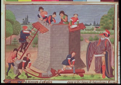 Cott Aug V fol.22 Building the Tower of Babel, miniatyr från 