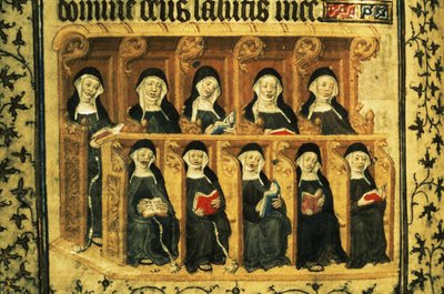 Cott Dom A XVII f.74v Nunnor i en körbås, från Henrik VI:s psaltare, Paris av French School