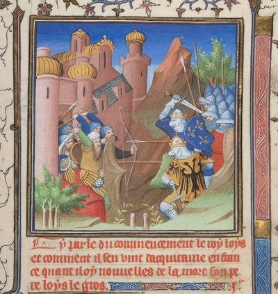 Cotton Nero E II pt.1, f.222, Slaget vid Ludvig VII och hans far, från Grandes Chroniques de France av French School