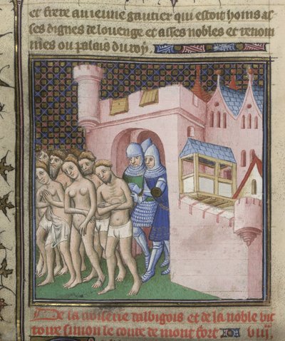 Cotton Nero E. II pt.2, f.20v Utvisning av albigenserna från Carcassone 1209, från 