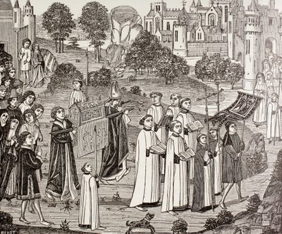 Greve Renier bär kroppen av Saint Veronica till St. Waudru-kyrkan i Mons, från "Militärt och religiöst liv under medeltiden" av Paul Lacroix, publicerad i London ca 1880 av French School