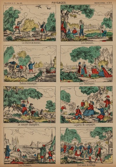 Landsbygdsscener (färgad gravyr) av French School