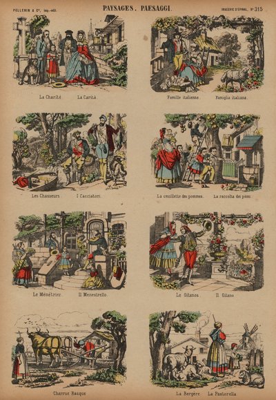 Landsbygdsscener (färgad gravyr) av French School