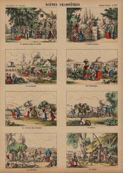 Landsbygdsscener (färgad gravyr) av French School
