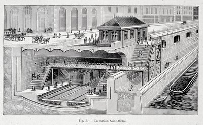 Sektion av tunnelbanestationen St Michel i Paris i ""La nature"" 1899 av French School