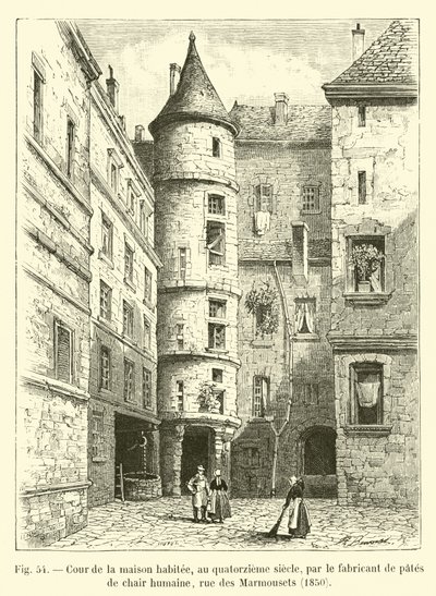 Gården till huset bebodd, på 1300-talet, av tillverkaren av pasta från människokött, rue des Marmousets, 1850 av French School