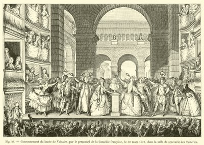 Kröning av bysten av Voltaire, av personalen på Comedie francaise, den 30 mars 1778, i föreställningssalen i Tuilerierna av French School