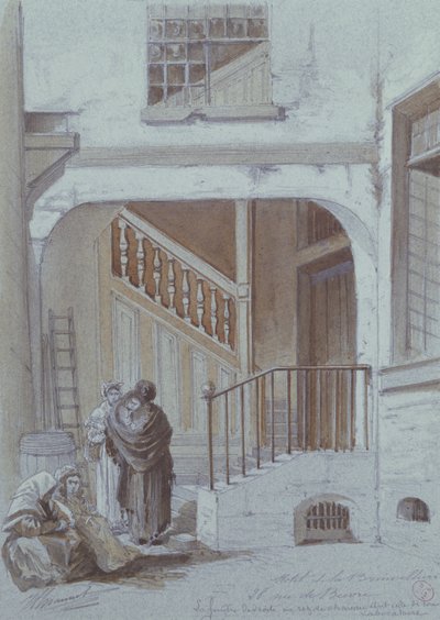 Innergård och laboratorium för Marquise de Brinvilliers, 28 rue de Bievre, Paris (krita och gouache på papper) av French School