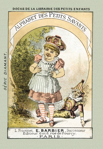 Omslag - När vi skrattar som titelns Bebe säger vi A A A A A A A A A A - i "Alphabet des petits savants", sent 1800-tal (kromolitografi) av French School