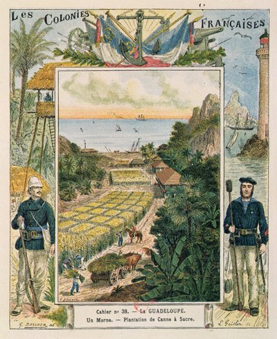 Omslag till en skolövningsbok som visar en sockerrörsplantage i Guadeloupe, 1892 av French School