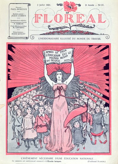 Omslag till tidskriften Floreal som firar fyrtioårsjubileet för Ecoles Laiques i Frankrike, 2 juli 1921 av French School