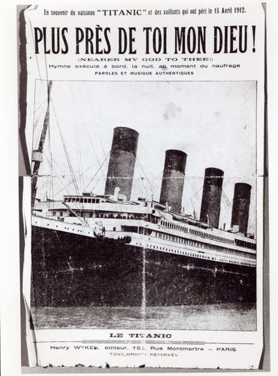 Omslag till partiturarket till Hymn Nearer My God to Thee, som sjöngs av passagerarna på Titanic under dess skeppsbrott och förlisning, 1912 av French School