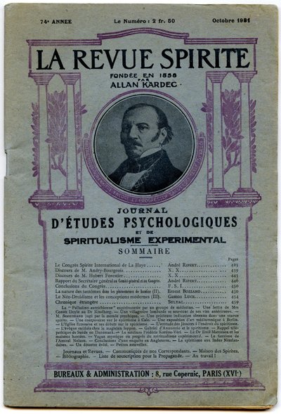 Omslag till ett antal "" La revue spirite "", porträtt av grundaren Allan Kardec, tidskrift från oktober 1931 av French School