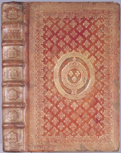Omslag till verk av Tacitus (55-120) med Ludvig XIV:s vapen (1638-1715) (präglat läder) av French School