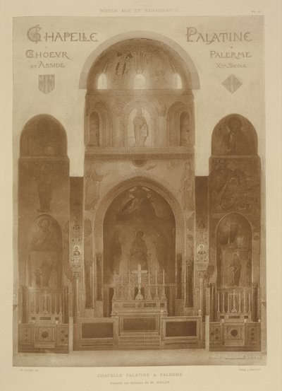 Tvärsnitt från östra änden av Palatinska kapellet, Palermo, Sicilien, från Fragments dArchitecture du Moyen Age et de la Renaissance, graverad av Jules Adolphe Chauvet (f.1828) av French School