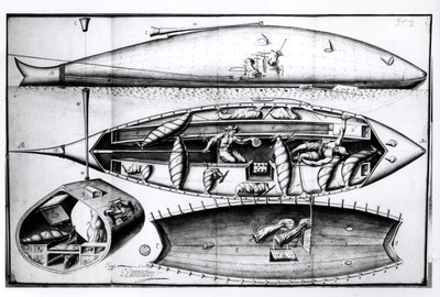 Tvärsnitt av en ubåt, från ett manuskript, mars 1689 av French School