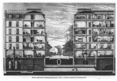 Tvärsnitt av industrihus i Faubourg Saint-Antoine i Paris, illustration från Le Magasin Pittoresque, 1885 av French School