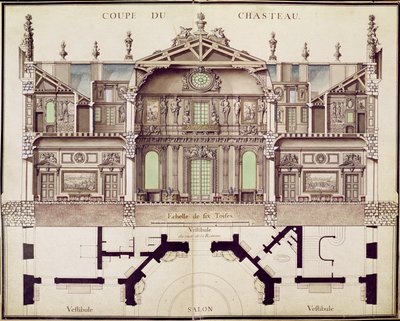 Tvärsnittsplan av Chateau de Marly, 1714 av French School