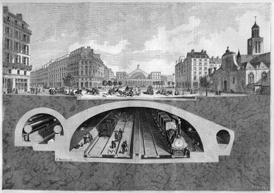 Tvärsnitt som representerar tunnelbaneprojektet i Paris, från Vilette till de centrala hallarna, 1861. Gravyr i "" Le Monde Illustré"" nr 213 av 11 maj 1861. av French School