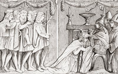 Krönandet av Sigismund till den helige romerske kejsaren av påven Eugene IV 1433, från L"Histoire Universelle Ancienne et Moderne, publicerad i Strasbourg ca 1860 av French School