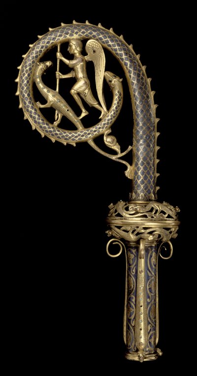 Crozier-huvud föreställande St. Michael Vanquishing the Dragon, Limoges, c.1220-30 (koppar, champleve, emalj och förgylld) av French School