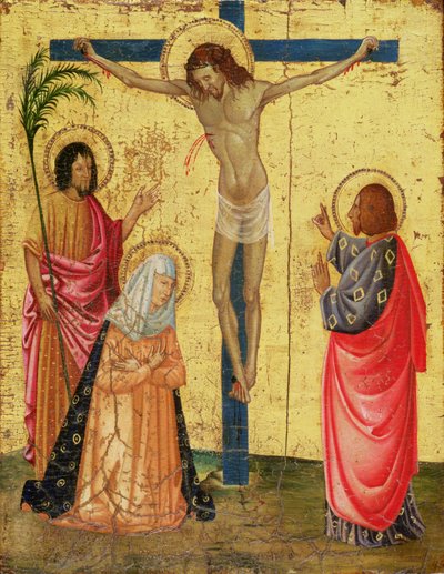 Korsfästelse (tempera och bladguld på panel) av French School