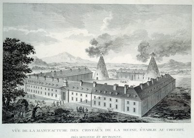 Kristallverk av drottning Marie Antoinette på Creusot nära Moncenis i Bourgogne. Gravyr från 1787. Le Creusot, Ecomusee av French School