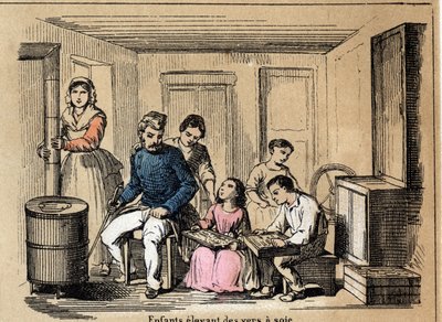 Kulturbeskrivning och sidenprodukter: barn som föder silkesmaskar. Tallrik "" la soie"" i "" les Recreations instructives"" Synoptisk målning av Jules DELBRUCK, gravyr från 1860. Privat samling. av French School