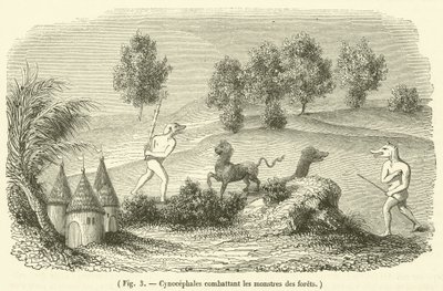 Cynocephales som slåss mot skogsmonster (gravyr) av French School