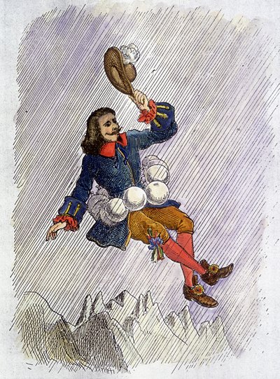 Cyrano de Bergerac kan vid sina flaskor, illustration av Cyrano de Bergeracs roman: "" L