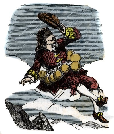 Cyrano de Bergerac reser sig på himlen tack vare flaskor med rosee och resa till månen, illustration av romanen av Hercules Savinien Cyrano de Bergerac (1619-1655): "" Den andra världen" av French School
