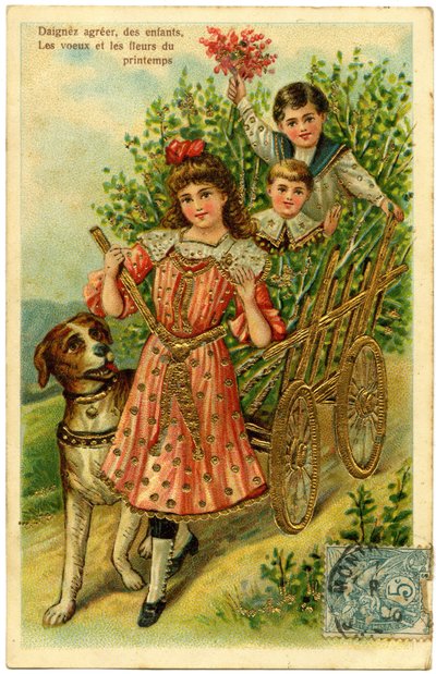 Daignez agreer, barn, önskningar och blommor på våren: barn i en vagn tillsammans med en hund. Vykort från början av 1900-talet. av French School