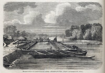 Damm bröt ut på Seine i SURESNES 1866 - Gravyr - Le Monde Illustré 1866 av French School