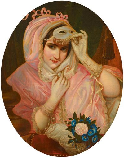Dam med mask i rosa dräkt F19Jh av French School