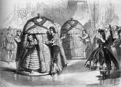Dansshow på kostymbalen som ges av imponen Eugenie de Montijo: "The ankomst av bikuporna"". Fyra bi-dansare kommer ut ur bikuporna. Gravyr i "" Le Monde Illustré"" nr 305 av 14 februari 1863. av French School
