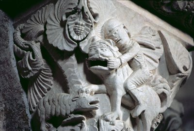 David Slaying the Lion (detalj av en huvudstad) c.1130 (sten) av French School